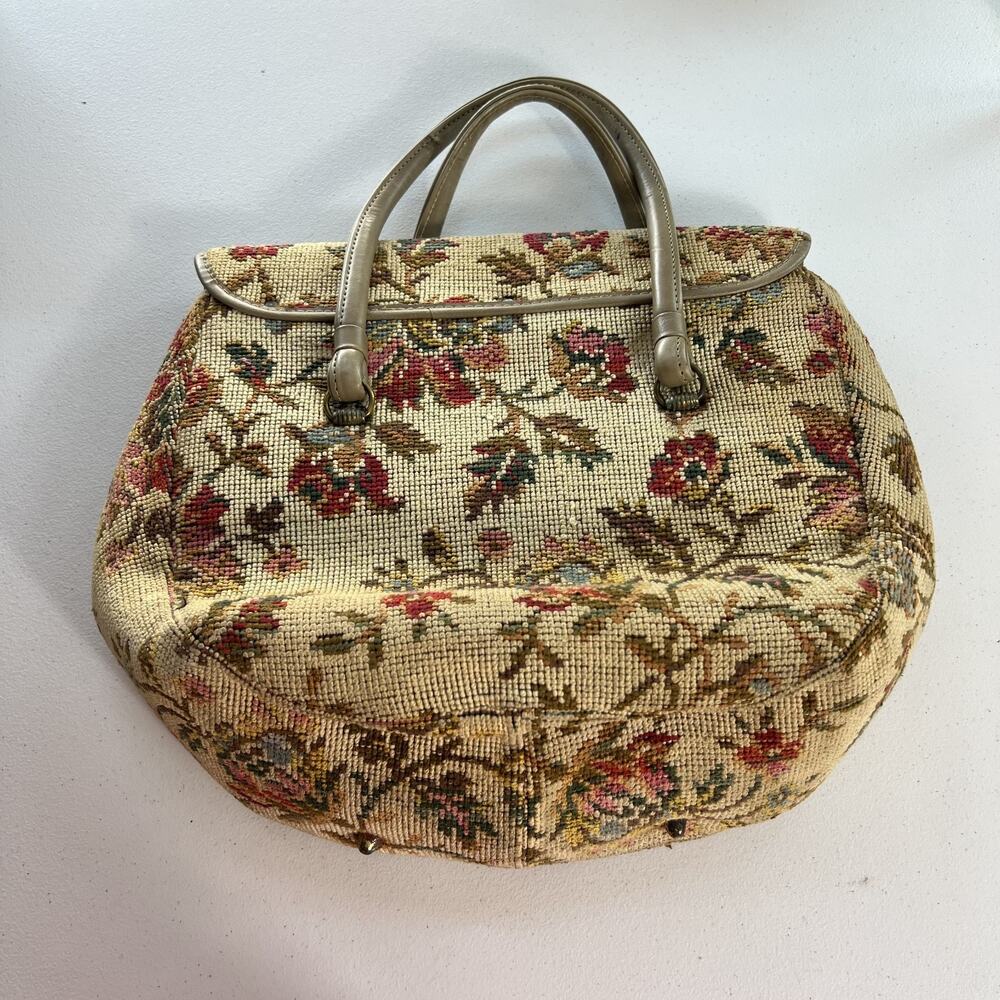 Olla Handbag Twist Lock Floral Tapestry Double Handle Inner Divider Outer Pocket - Picture 3 of 13